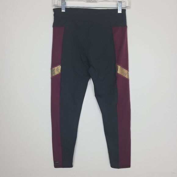 Betsey Johnson Performance Black Maroon Gold Accent Leggings Medium - Picture 6 of 7